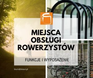 Grafika. Trzy zdjęcia. W pionie od lewej ciemna sylwetka drzew i drogi, którą jedzie rowerzysta. U góry poprawej pałąkowte stojaki rowerowe. Na dole po lewej dużo rowerów stojących przy stojakach.